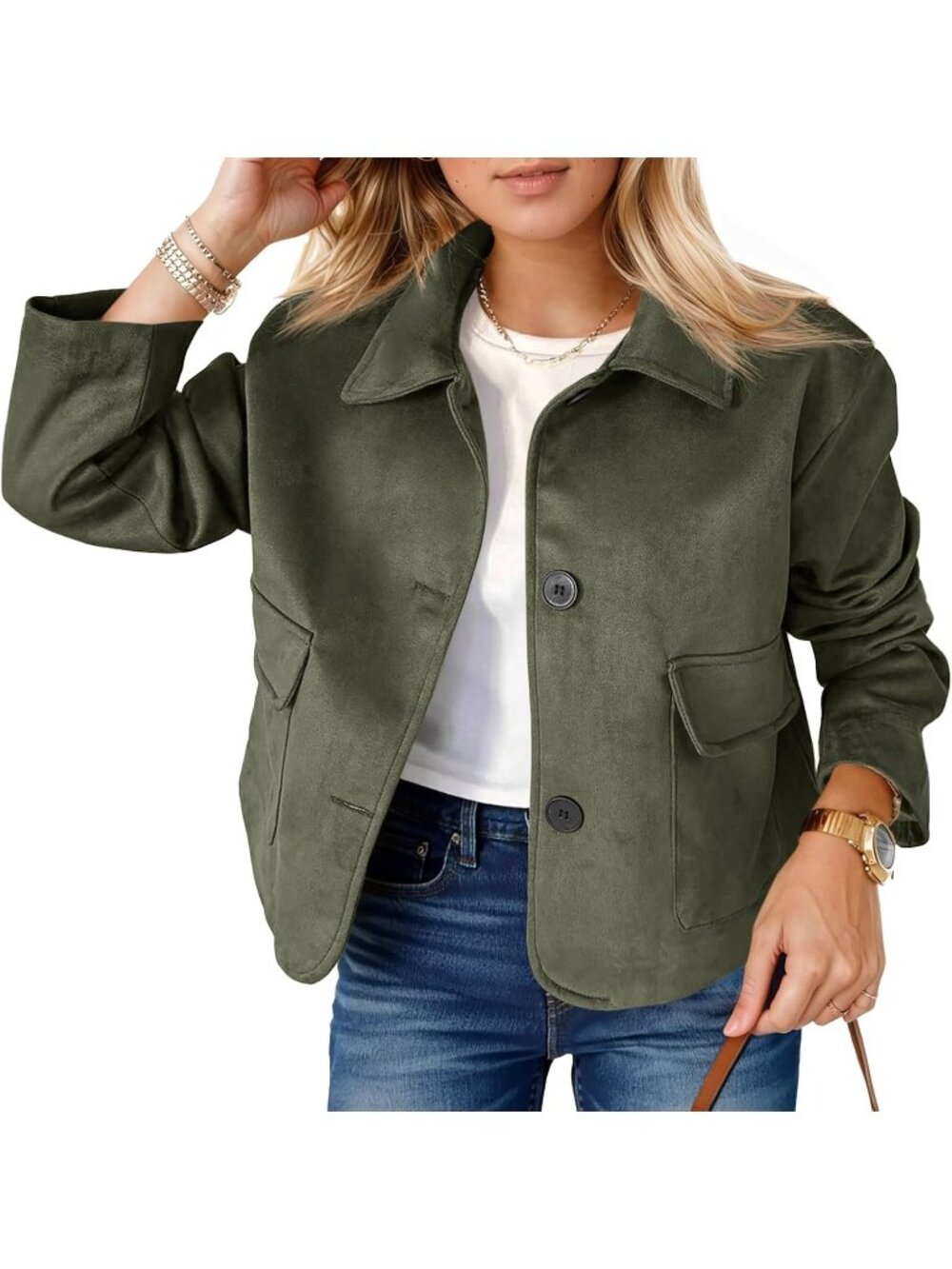 Women's Army Green Faux Suede Cropped Jacket Button Down Vintage Casual Shacket